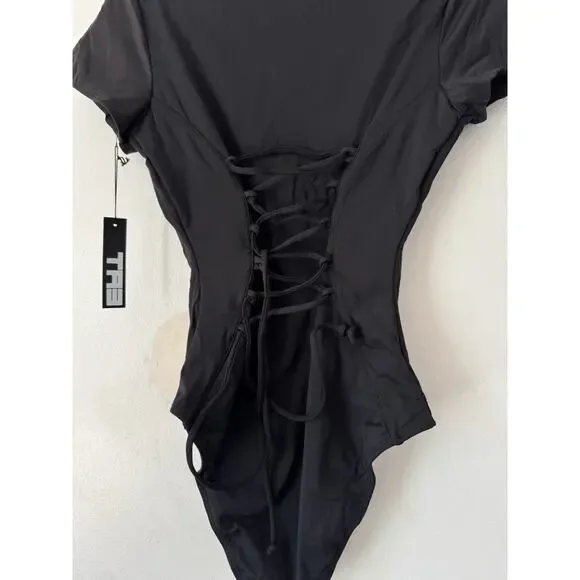 NWT TA3 Short Sleeve Surfy One Piece Corset Swimsuit Black Medium Short - Picture 7 of 11